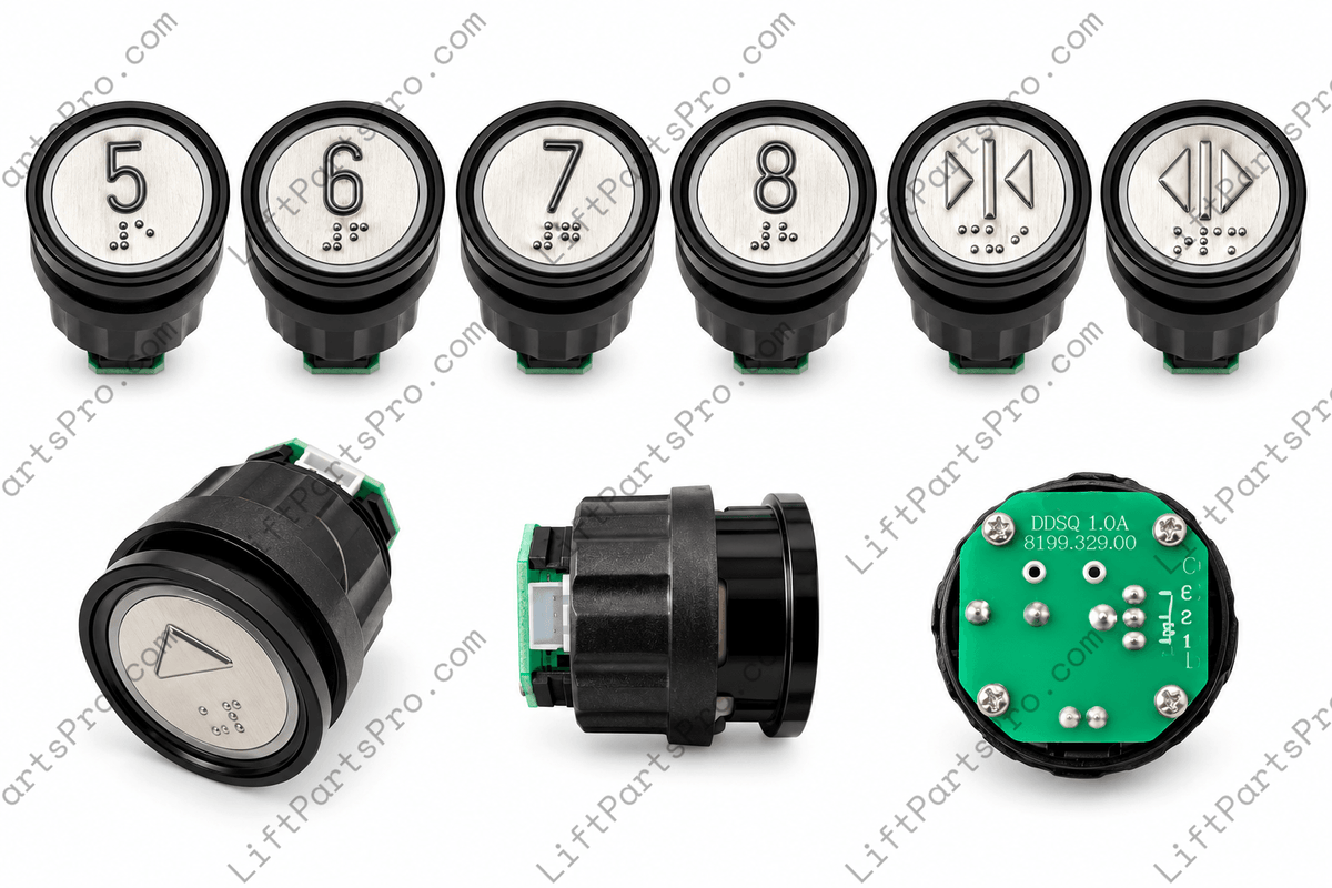 Schindler SDL-5400 D2 DDSQ elevator push buttons #590739 with custom legends and red or green illumination