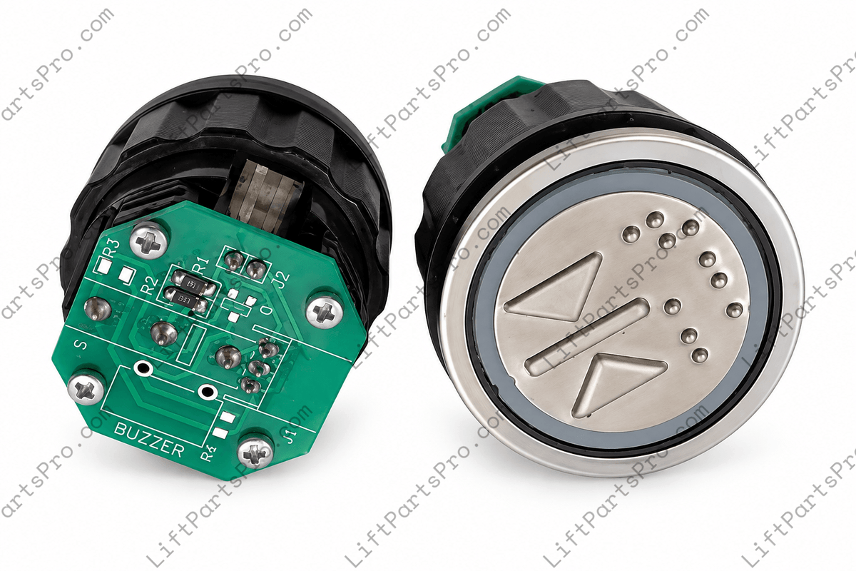 Representation of Schindler Call Button #590739 depicting front and rear of the SDL-5400 style button.