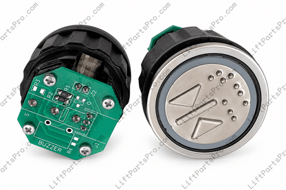Representation of Schindler Call Button #590739 depicting front and rear of the SDL-5400 style button.