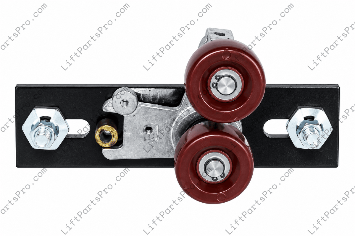 Elevator door pickup roller crank assembly with 1-5/8" polyurethane roller and steel mounting base for ThyssenKrupp and Dover door equipment.