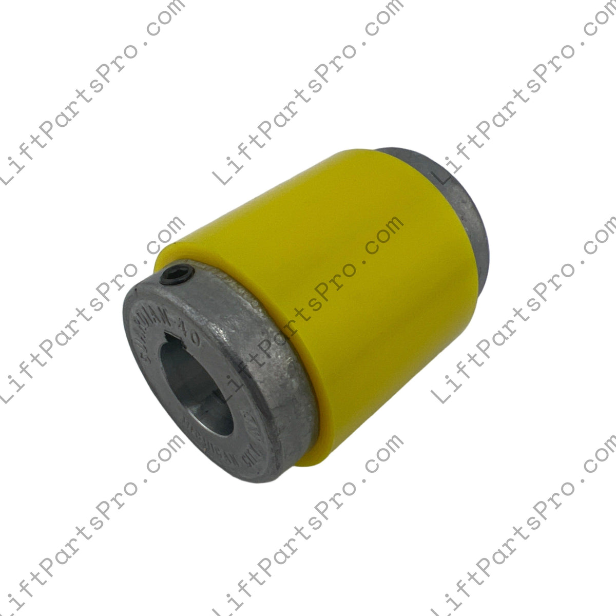 National Wheel-O-Vator yellow hydraulic elevator pump-to-motor coupler assembly with metal drive hubs installed.