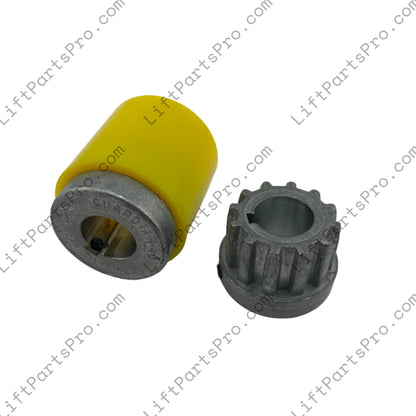 National Wheel-O-Vator L1564 yellow pump-to-motor coupler assembly with 3/4-inch to 3/4-inch metal hubs, one shown separately.