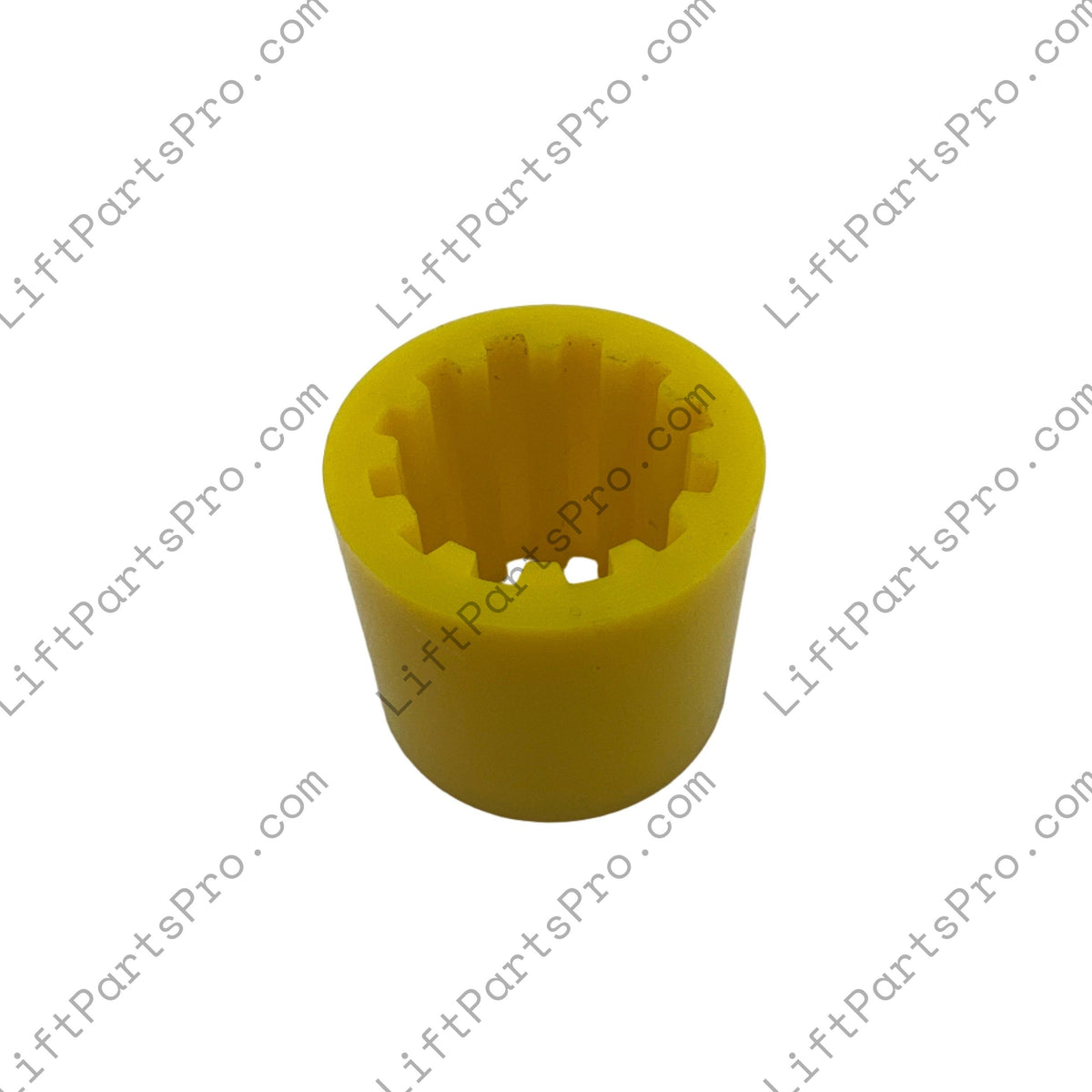 Interior view of National Wheel-O-Vator U1312 yellow pump-to-motor coupler showing internal drive splines.
