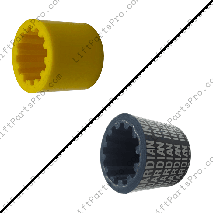 National Wheel-O-Vator elevator pump-to-motor couplers: yellow U1312 standard-duty and black U1317 severe-duty versions.