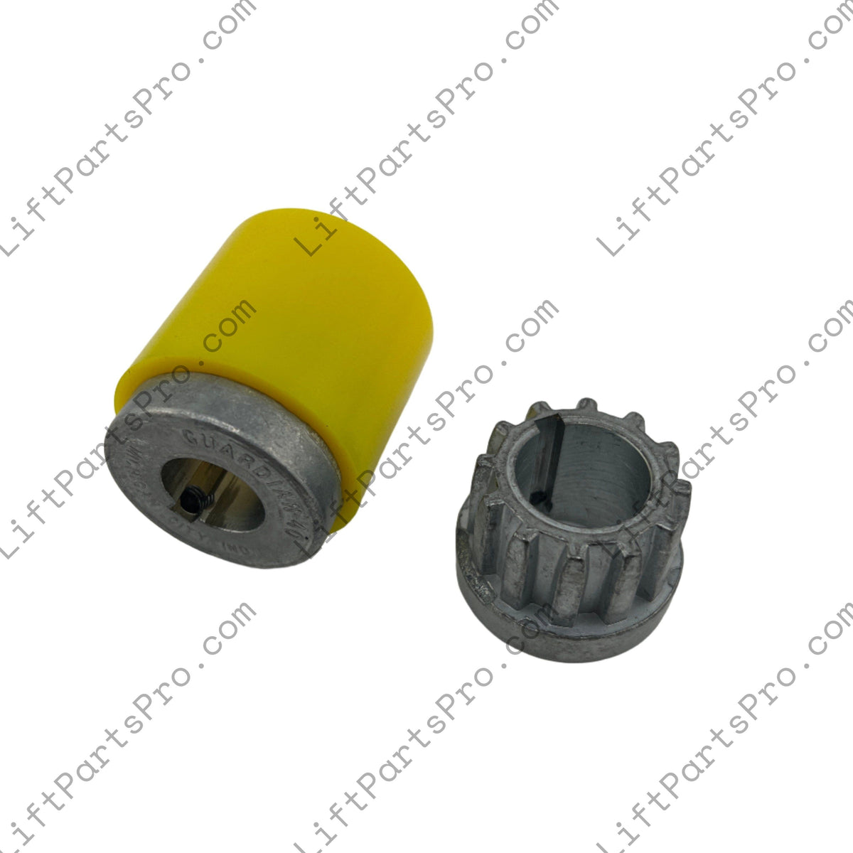 National Wheel-O-Vator U1328 yellow pump-to-motor coupler assembly with 3/4-inch to 7/8-inch metal hubs, one shown separately.