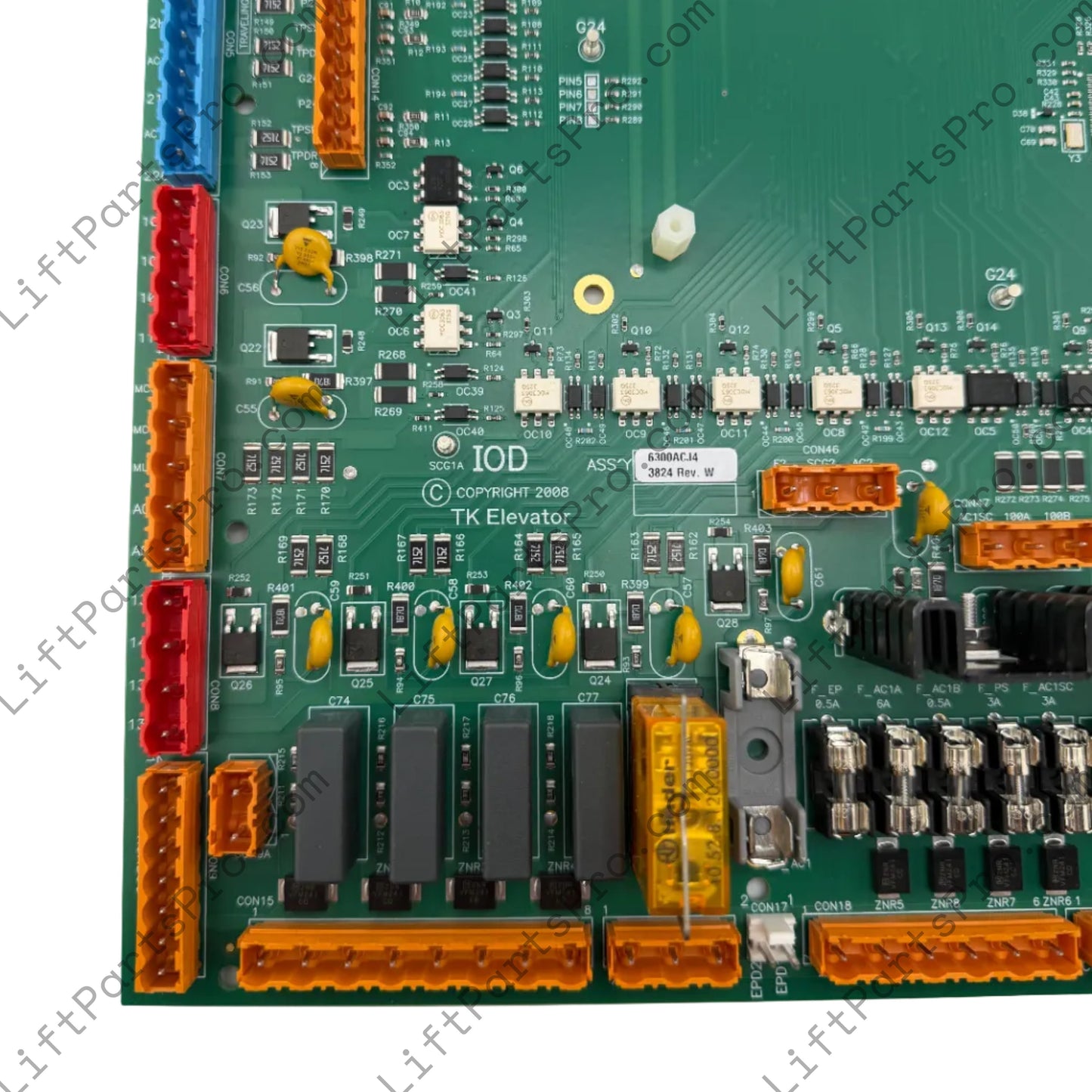 Close-up of 6300ACJ4 Revision W markings on ThyssenKrupp TAC32 IOD PCB